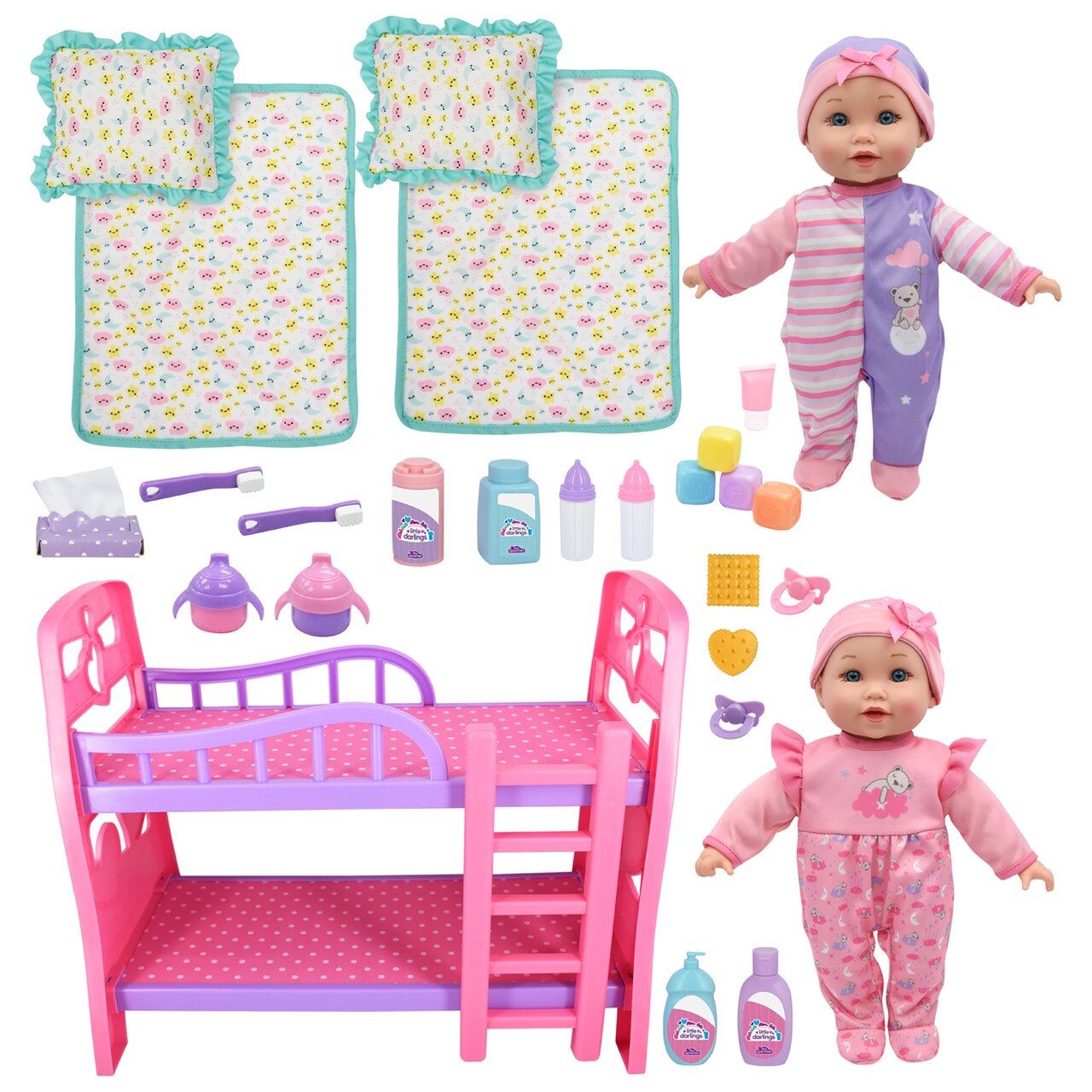 Little Darlings: 12" Twin Dolls Bedtime Fun Set - 29pc, Pink, Purple Green - 2 Baby Dolls, Bunk Bed, Sleeping Accessories,New Adventures, Kids Ages 2+